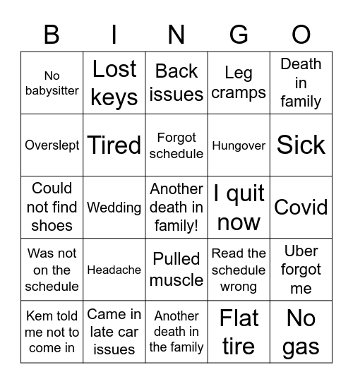 Excuse Bingo Card