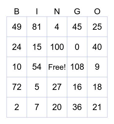 Multiplication Bingo Card