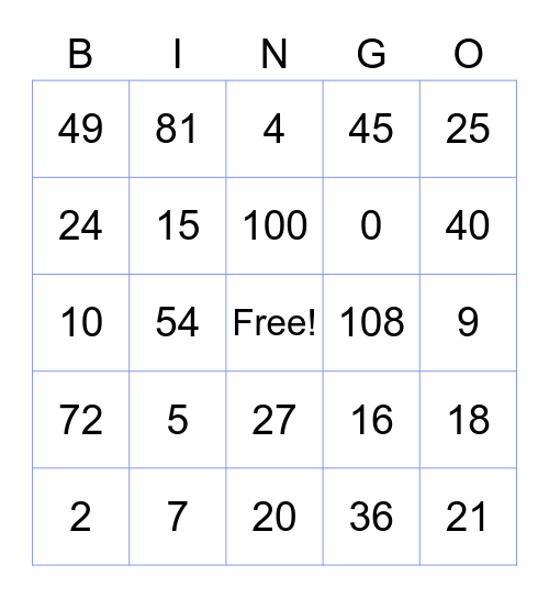 Multiplication Bingo Card