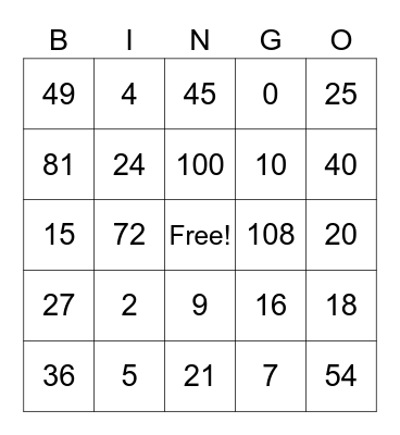 Multiplication Bingo Card