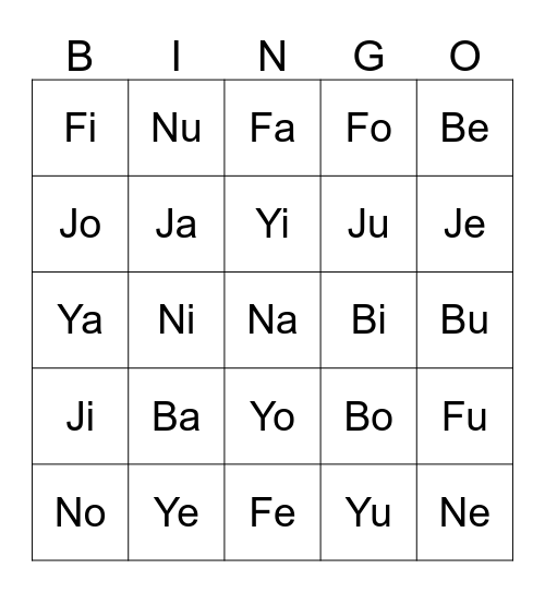 Silabas con B,F,J,N,Y Bingo Card
