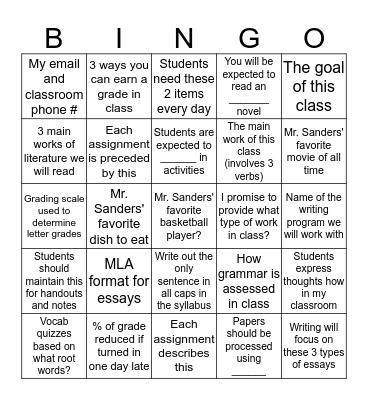 English 12 Syllabus Bingo Card