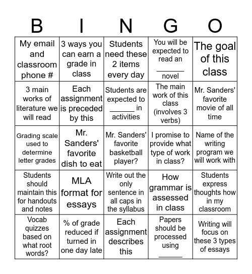 English 12 Syllabus Bingo Card