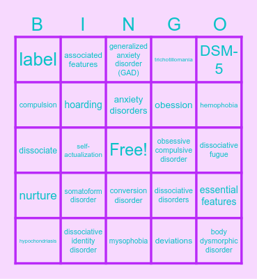 Psych Disorders Bingo Card