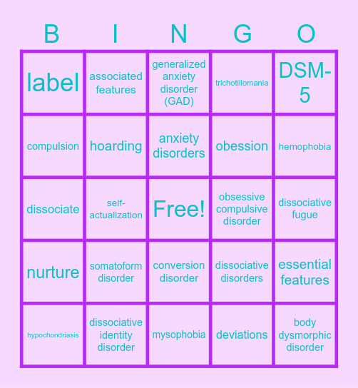 Psych Disorders Bingo Card