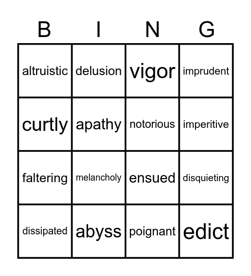 Night Vocabulary BINGO Card