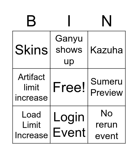 Genshin 2.6 Livestream Bingo Card