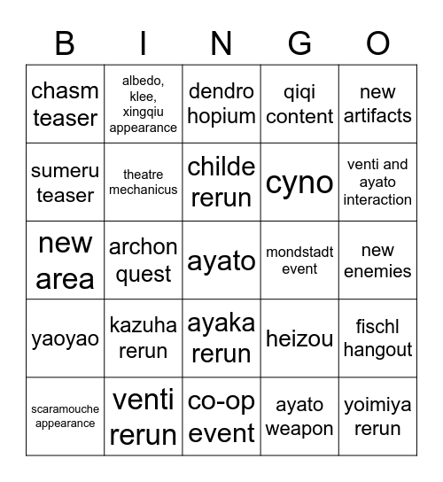 genshin 2.6 predictions Bingo Card