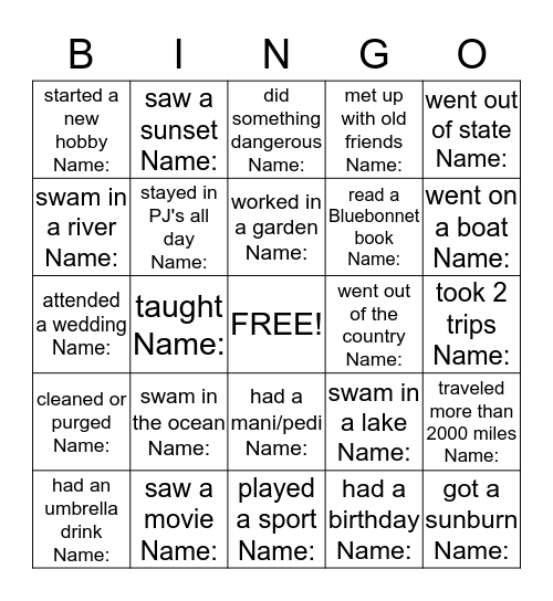 This Summer . . . Bingo Card