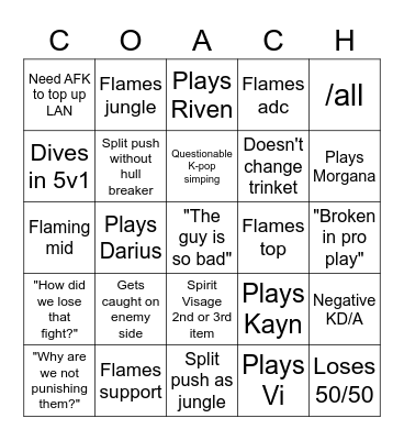 The Coach Special Bingo Card