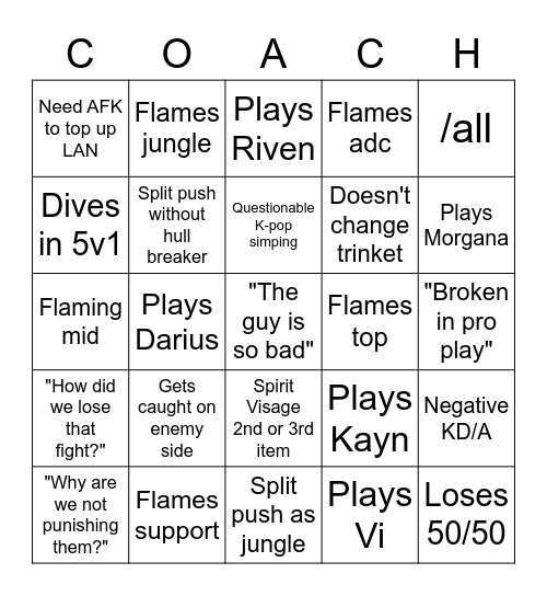 The Coach Special Bingo Card