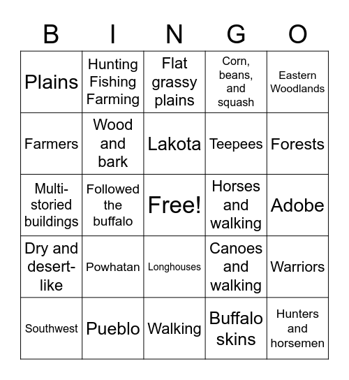 American Indians Bingo Card
