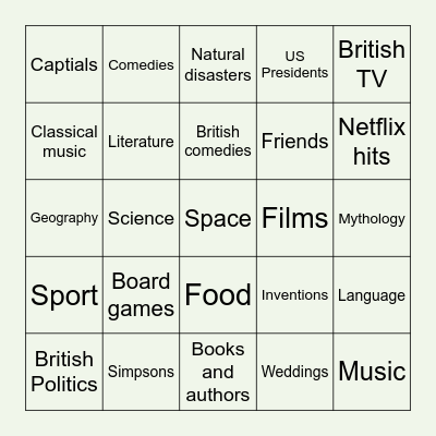 Choose your categories Bingo Card