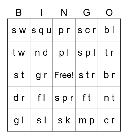 Consonant Clusters Bingo Card
