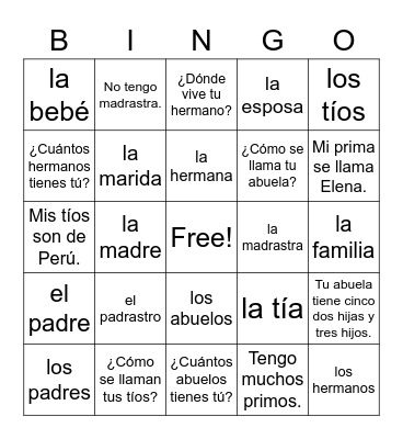 La familia y otras palabras Bingo Card