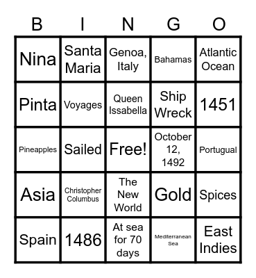 Christopher Columbus Bingo Card