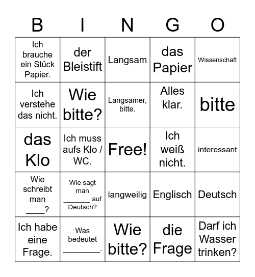 German Classroom Phrases Vocabulary Bingo Card