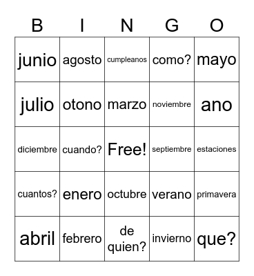 MONTHS AND SEASONS Bingo Card