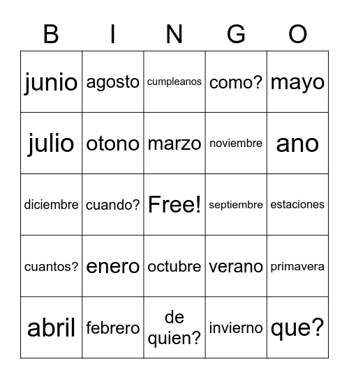 MONTHS AND SEASONS Bingo Card