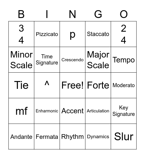 Musical Elements Bingo Card