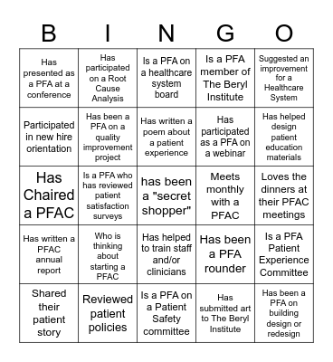 PFA Program Bingo: Find someone who... Bingo Card