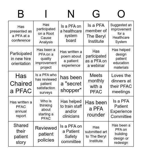 PFA Program Bingo: Find someone who... Bingo Card
