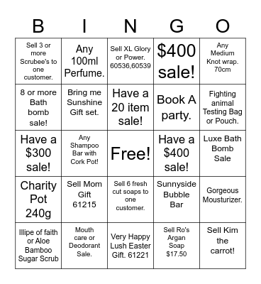 LUSH Bingo Card