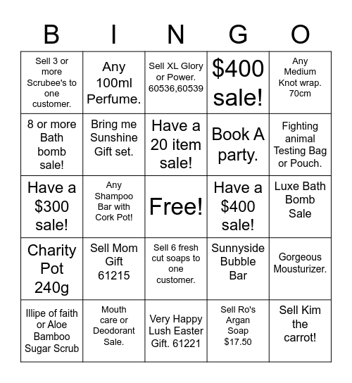 LUSH Bingo Card