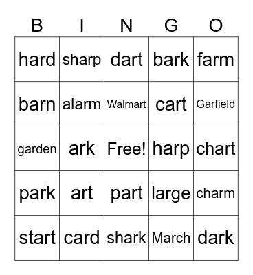 Words with /ar/ Bingo Card