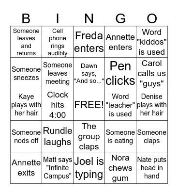 Memorial Hall Faculty Meeting 2015 Bingo Card