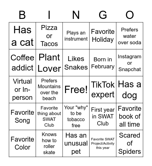 SWAT Club Bingo Card