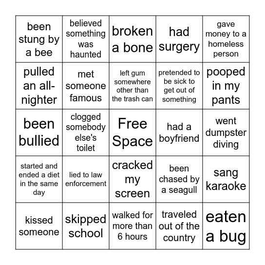 Never Have I Ever Bingo Card