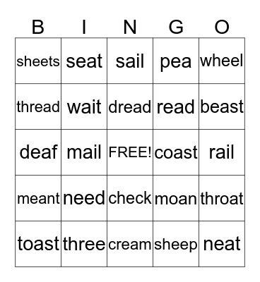 Long "a, e, o" sounds and short "e" sound  Bingo Card