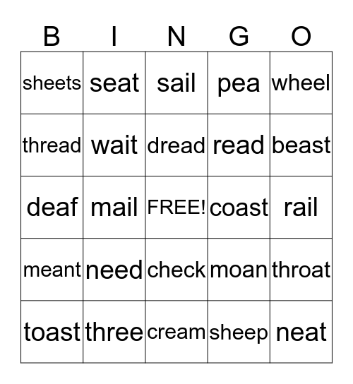 Long "a, e, o" sounds and short "e" sound  Bingo Card