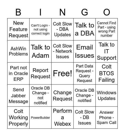 Colt Support Bingo Card