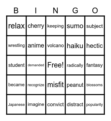 Syllables: Anime Bingo Card