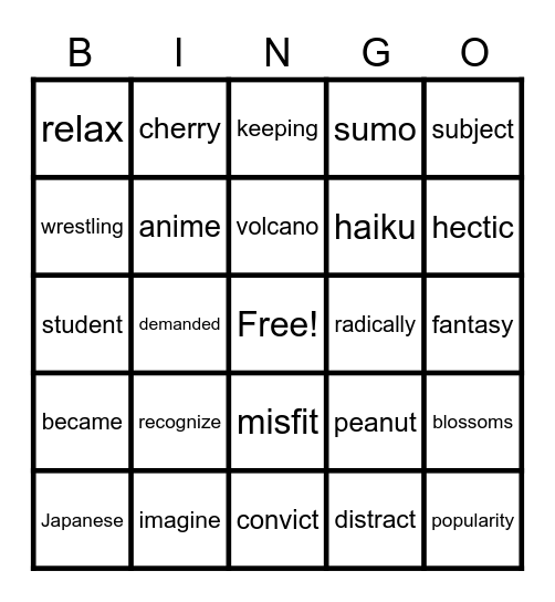 Syllables: Anime Bingo Card