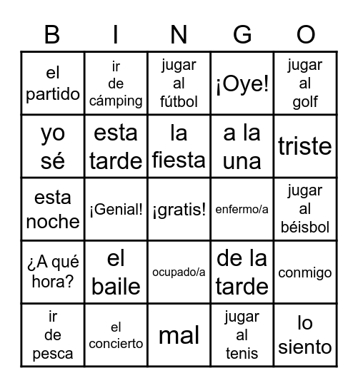 SPA 1.2 4B Vocabulario Bingo Card