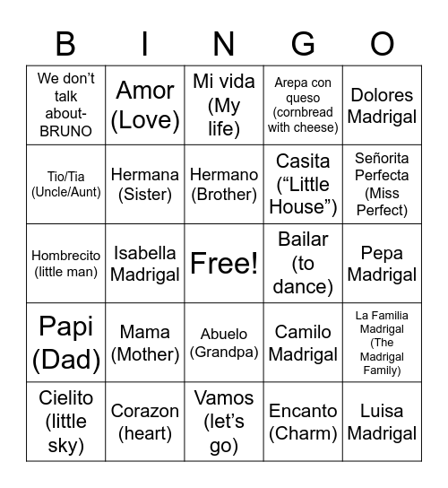 Encanto Movie Vocab Bingo Card