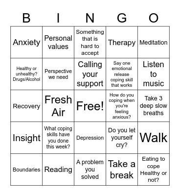 Coping Skillz Bingo Card