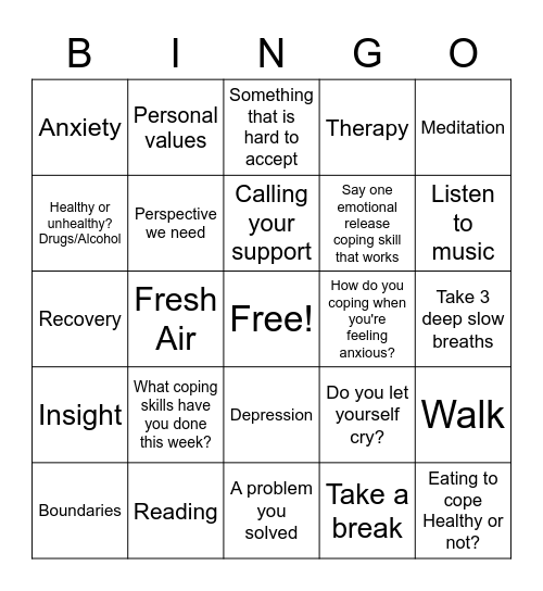 Coping Skillz Bingo Card