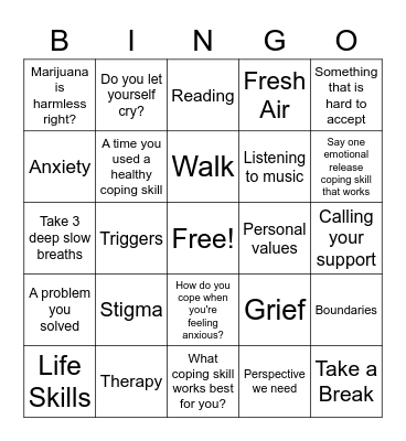 Coping Skillz Bingo Card