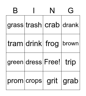 R Blends Bingo Card