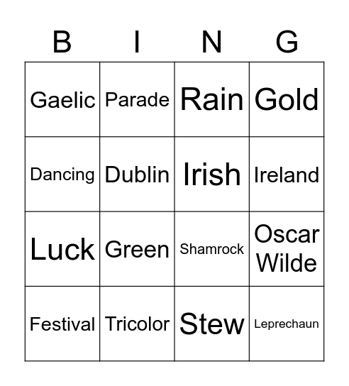 St Patrick's Day Bingo Card