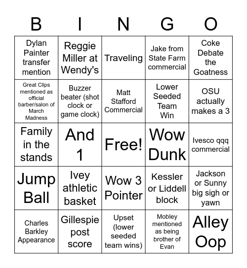 March Madness Early Games Bingo Card