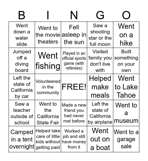 Our Summer Bingo Card