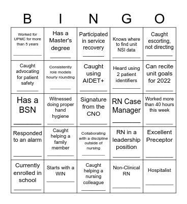 UPMC Nursing Team BINGO 2022 Version 2 Bingo Card