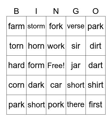 R Controlled Vowels Bingo Card