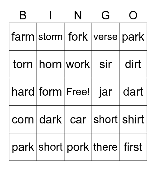 R Controlled Vowels Bingo Card