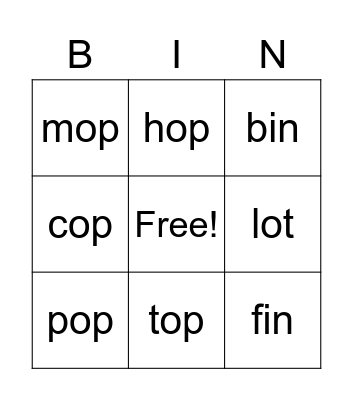 Short vowels i and o Bingo Card